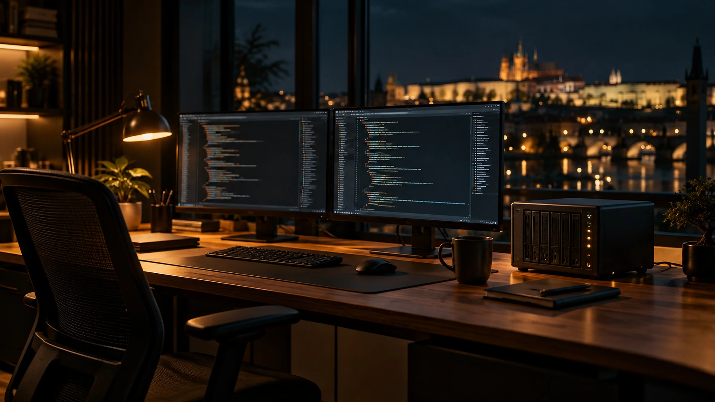 Pracovní stůl se dvěma monitory v noci, za oknem Pražský hrad