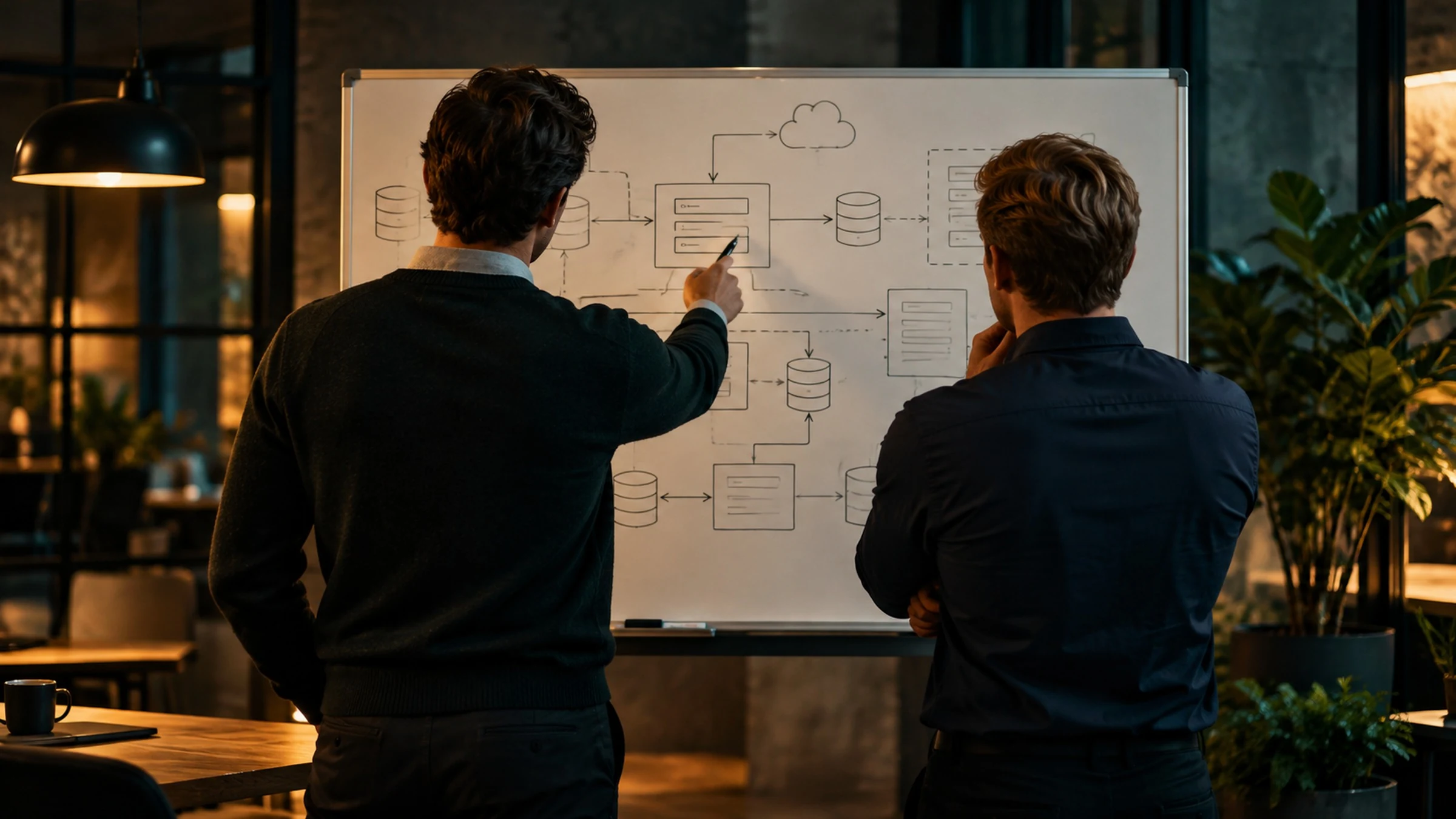 Inženýři u tabule s diagramem architektury