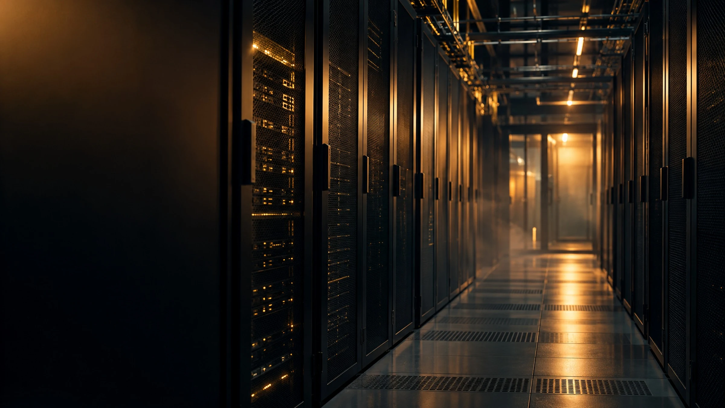 Chodba datového centra v noci, řady serverových racků v teplém světle